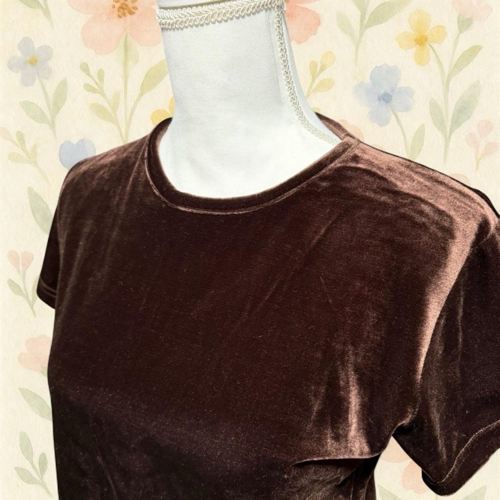 Vintage 90s Brown Velvet Top Medium Bydesign Velour Short Sleeve Baby Tee - Picture 2 of 7